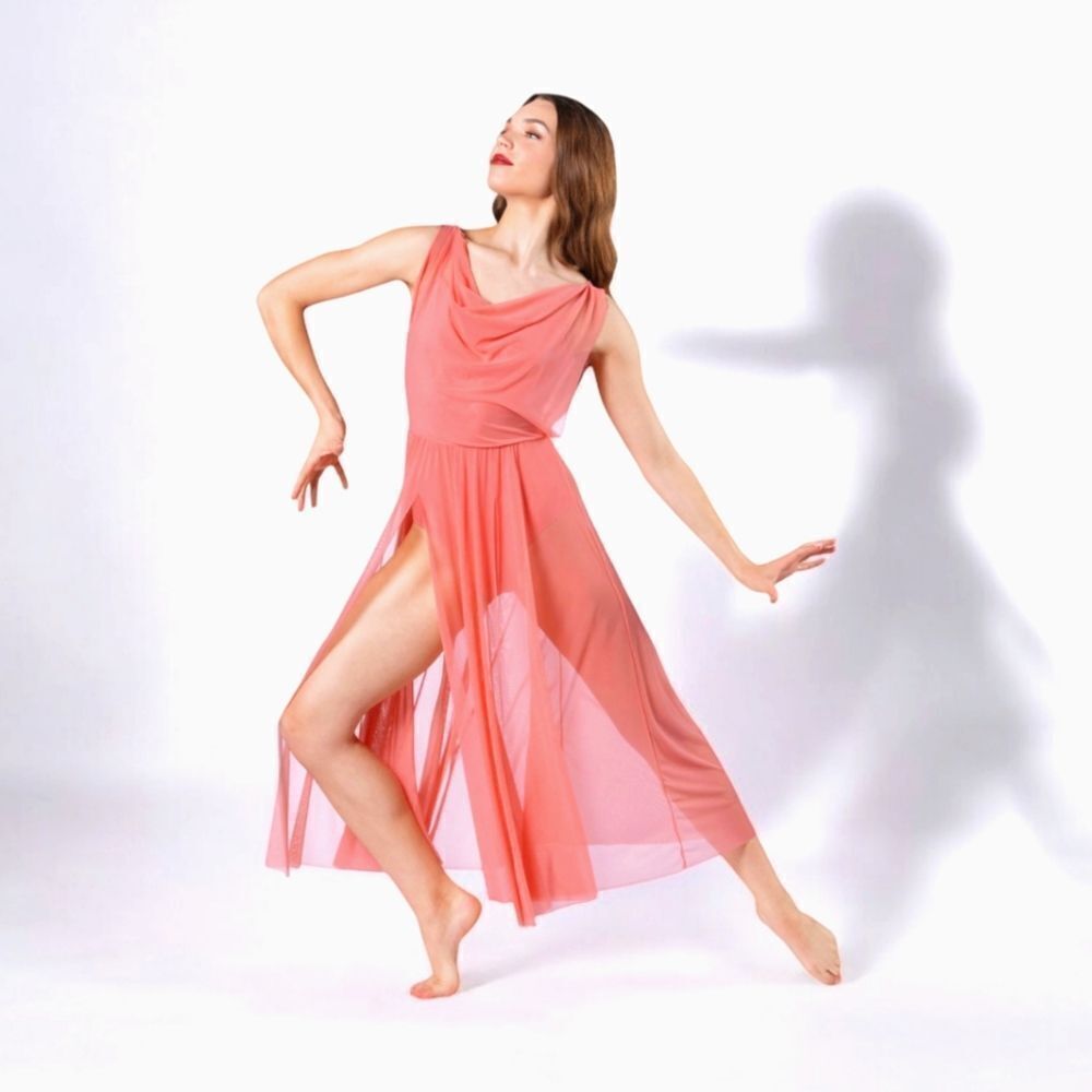 Weissman Balera Performance Double Cowl Mesh Maxi Lyrical Dress in Dusty Rose MA